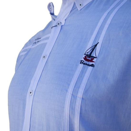 Μακρυμάνικο λινό πουκάμισο με κεντητές λεπτομέρειες και εξώγαζες λεπτομέρειες - Rock Blue