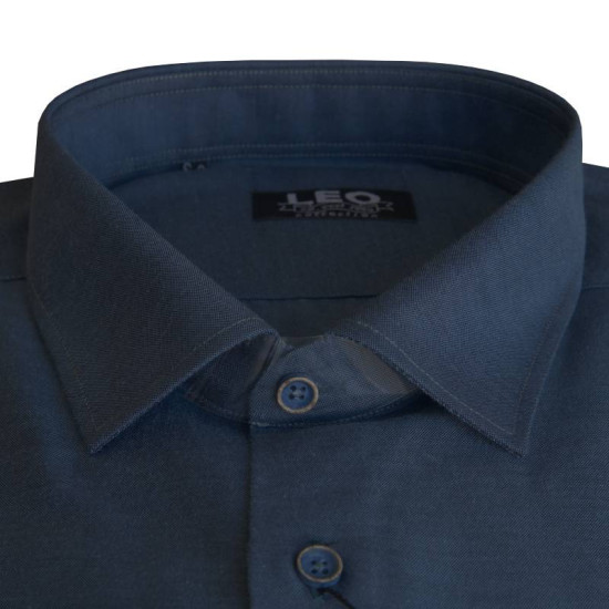 Πουκάμισο Petite Oxford μακρυμάνικο με γιακά τύπου Rex, της Leo Collection - Dark Faded Blue