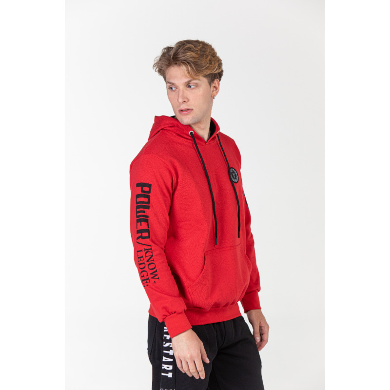 Hoodie φούτερ "Knowledge" της Leo Collection με patch στο στήθος και μεταξοτυπία στο μανίκι - Cardinal red