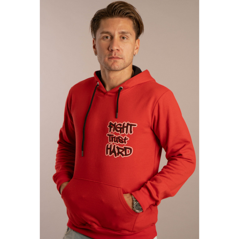 Hoodie φούτερ "Fight,Trust,Hard" της Leo Collection,με back print μεταξοτυπία - Cardinal red