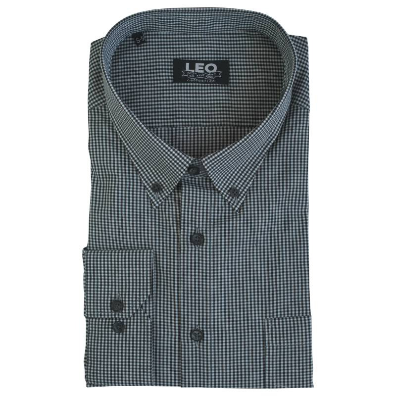Πουκάμισο "Faded Grey Check" γαλλικής ραφής με μαλακό γιακά και κουμπί,της Leo Collection - Black/White