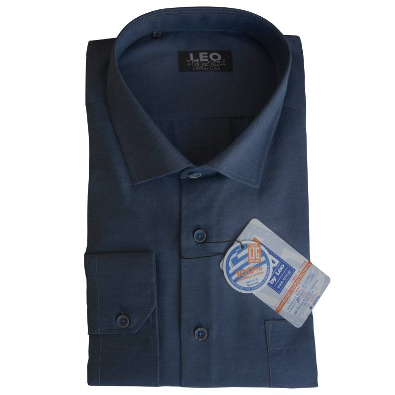 Πουκάμισο Petite Oxford μακρυμάνικο με γιακά τύπου Rex, της Leo Collection - Dark Faded Blue