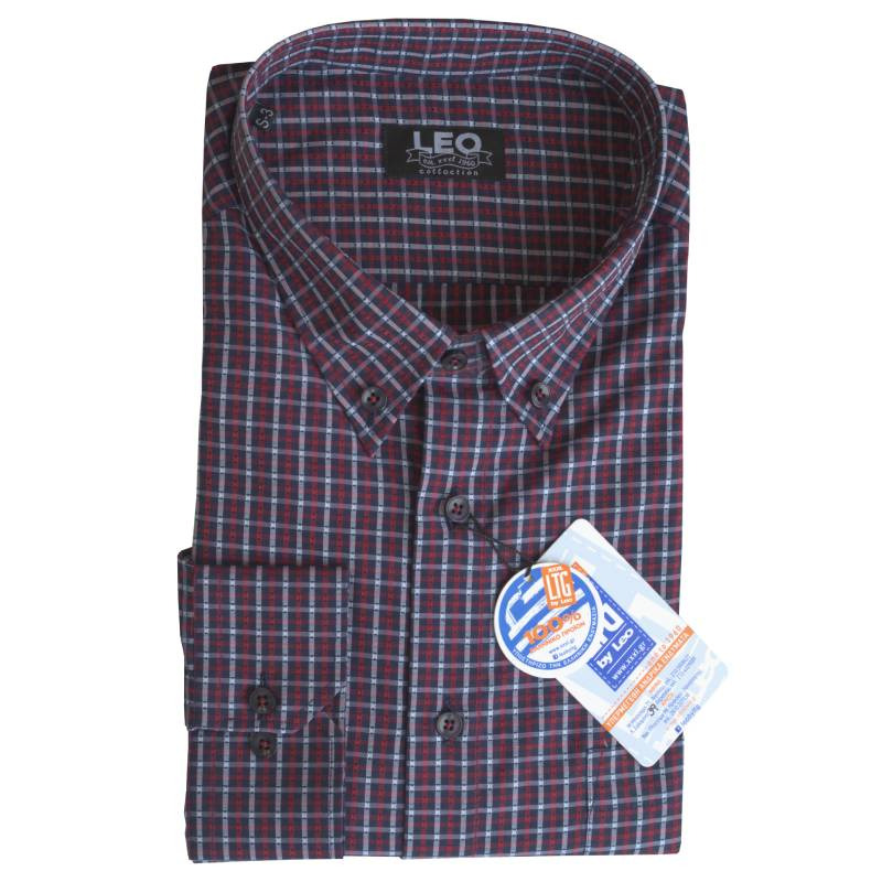 Πουκάμισο καρό "Royal Check" Γαλλικής ραφής με κουμπί στον γιακά, by Leo Collection - Blue/Red/White