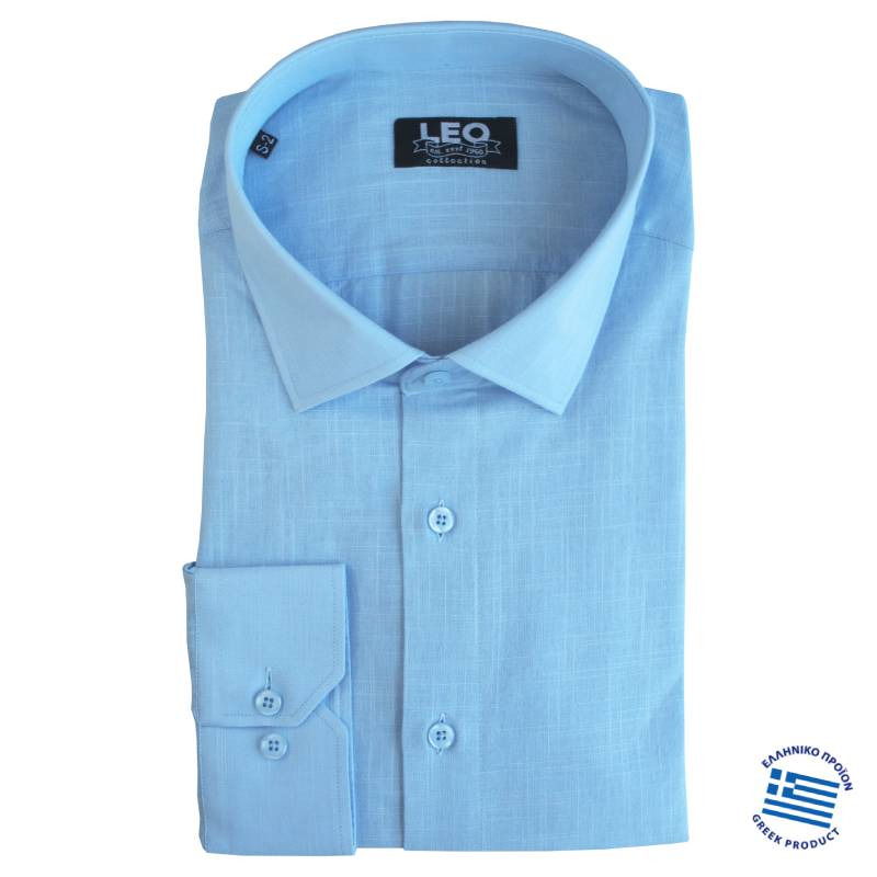 Μακρυμάνικο λινό πουκάμισο "Linen Seed",της Leo Collection - Cornflower Blue