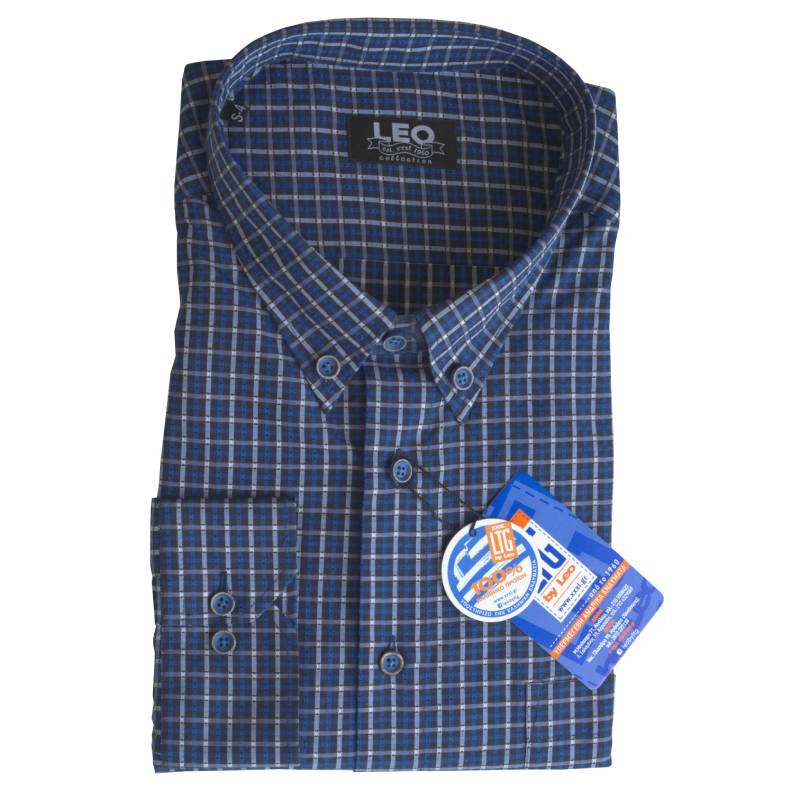Πουκάμισο καρό "Royal Check" Γαλλικής ραφής με κουμπί στον γιακά, by Leo Collection - Dark Blue/White/Ship Cove Blue