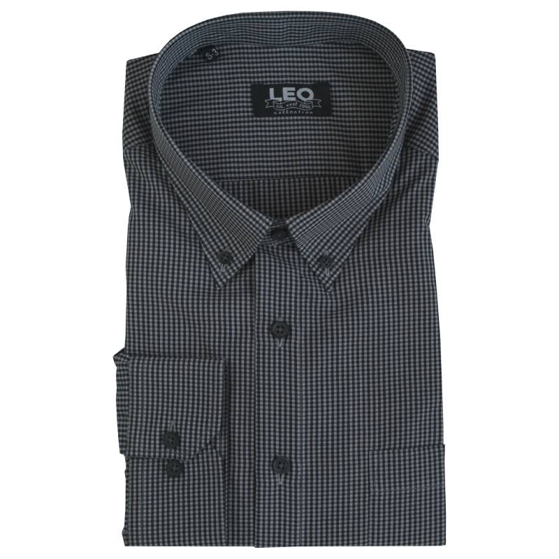 Πουκάμισο "Faded Grey Check" γαλλικής ραφής με μαλακό γιακά και κουμπί,της Leo Collection - Black/Slate Grey