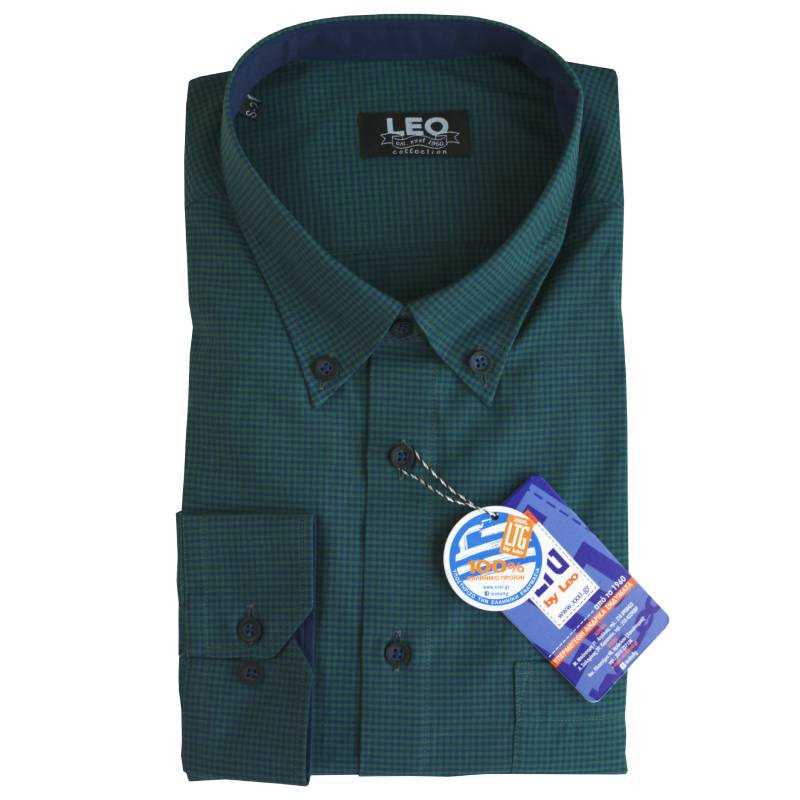 Πουκάμισο καρό "Dark Check" γαλλικής ραφής με Rex γιακά, της Leo Collection - Petrol/Dark Blue