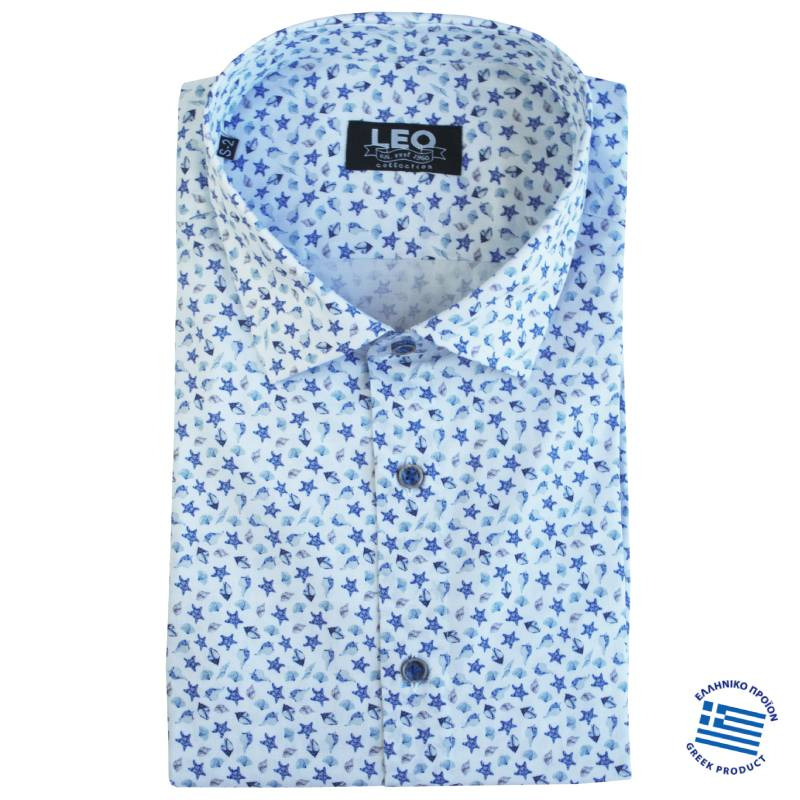 Digital print ελαστικό κοντομάνικο πουκάμισο "Starfish",by Leo Collection - Faded Blue/White