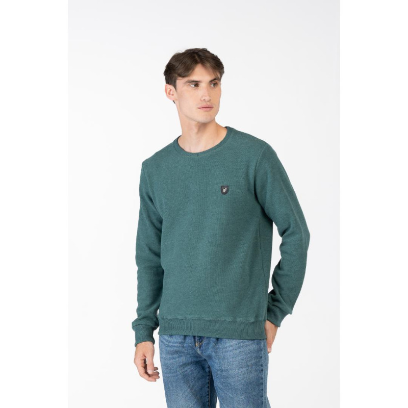 Μπλούζα λαιμόκοψη wool feel με δερμάτινο patch,της Leo Collection - Petrol