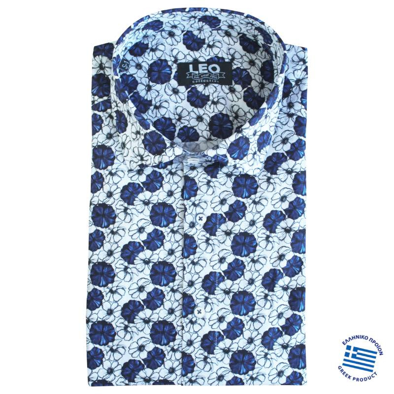 Digital print ελαστικό κοντομάνικο πουκάμισο "White Poppy",by Leo Collection - Navy Blue / White