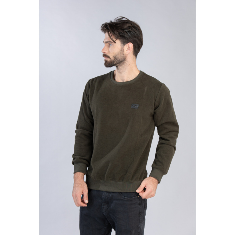 Μπλούζα λαιμόκοψη wool feel με δερμάτινο patch,της Leo Collection - Khaki
