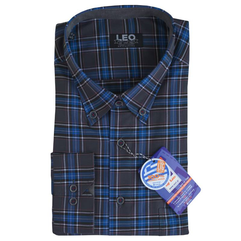 Πουκάμισο καρό γαλλικής ραφής "Grey Checked"by Leo collection - Anthracite/Blue/White