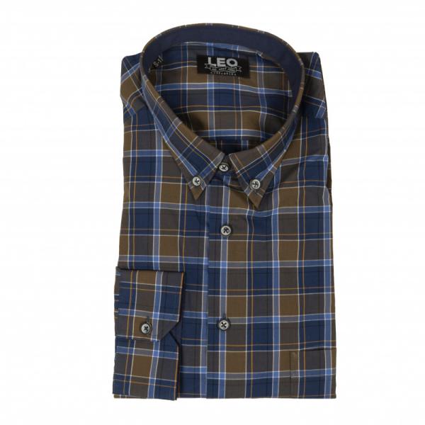 Πουκάμισο καρό γαλλικής ραφής "Blue Checked" by Leo collection - Pale Brown/Endeavour