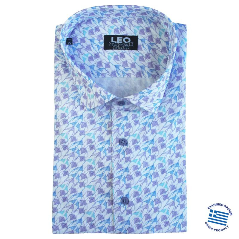 Digital print ελαστικό κοντομάνικο πουκάμισο "Kite",by Leo Collection - Light Purple/White
