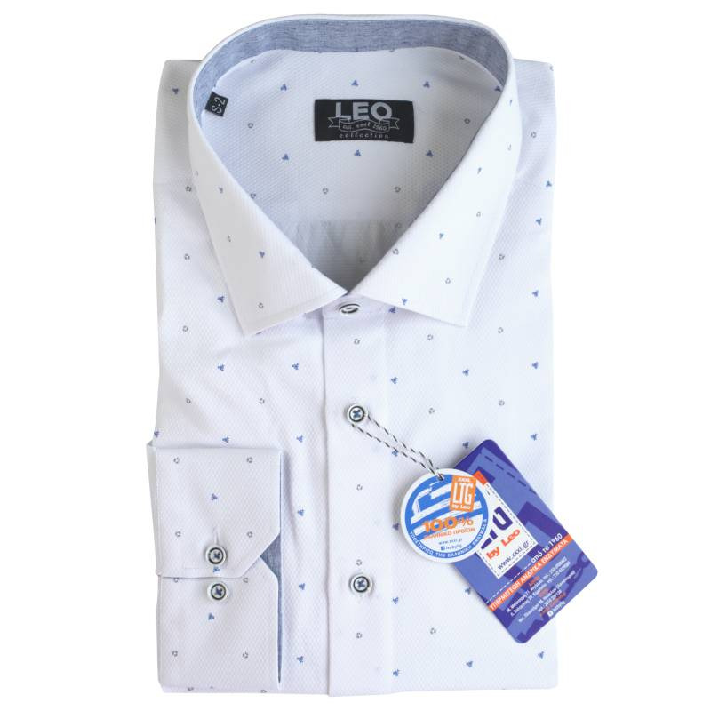 Πουκάμισο αμπιγιέ γαλλικής ραφής "Dots",by Leo Collection - White