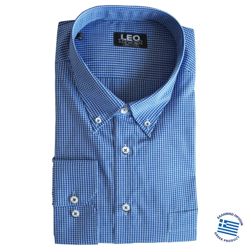 Πουκάμισο "Faded Grey Check" γαλλικής ραφής με μαλακό γιακά και κουμπί,της Leo Collection - San Marino Blue