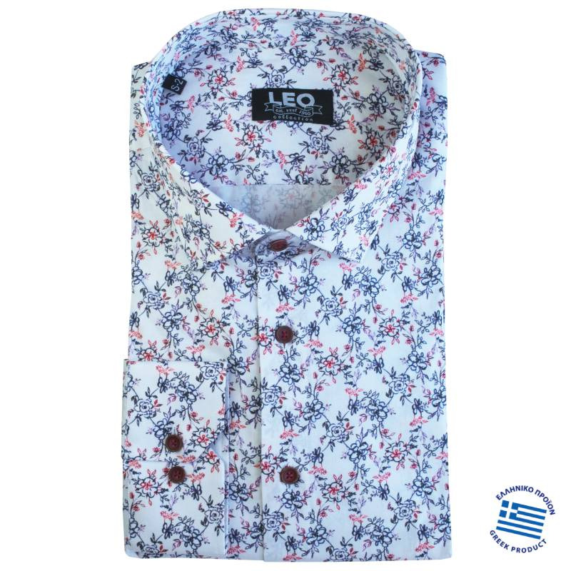 Digital print ελαστικό μακρυμάνικο πουκάμισο "In Bloom",by Leo Collection - Λευκό/Red palm