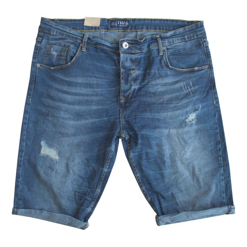 Ελαστική denim βερμούδα με φθορές"Samuel" slim fit by Trial - Blue Denim