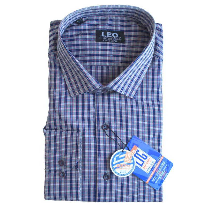 Πουκάμισο καρό "Butterfly Blue" γαλλικής ραφής με Rex γιακά, της Leo Collection - Red/White/Blue