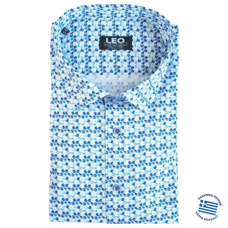 Digital print ελαστικό κοντομάνικο πουκάμισο "Shell,by Leo Collection - Faded Blue/White