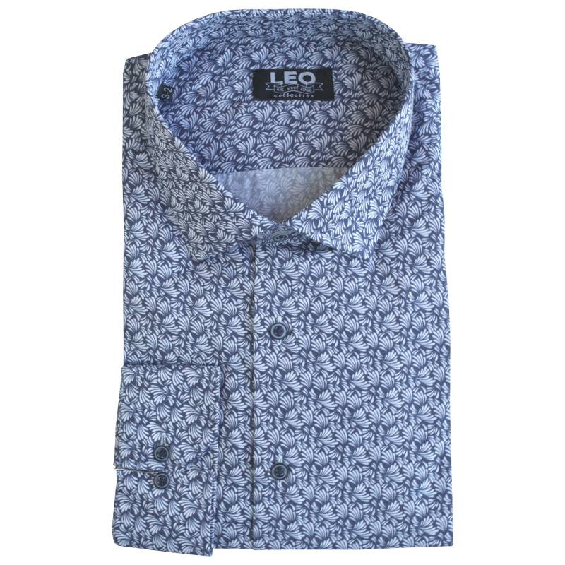 Πουκάμισο digital print γαλλικής ραφής "Bright Leaf" της Leo collection - Navy Blue / White