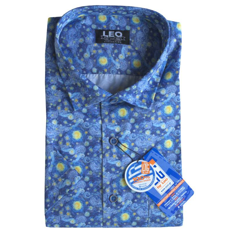 Digital print κοντομάνικο πουκάμισο "Starry Night",by Leo Collection - Cornflower Blue