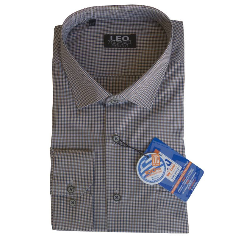 Πουκάμισο καρό "Casual Check" Γαλλικής ραφής by Leo Collection - Tobacco Brown/Blue